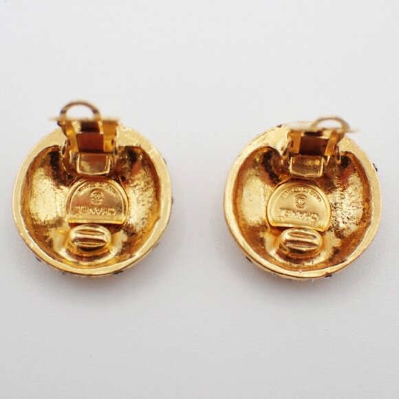 CHANEL Logo Rhinestones Earrings Clip-on Gold France Vintage 31RL407 - Picture 4 of 13
